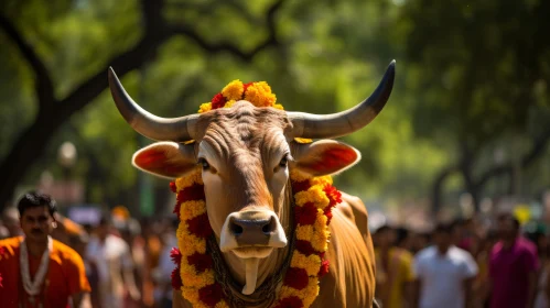 Serene Cultural Scene with Decorated Cow