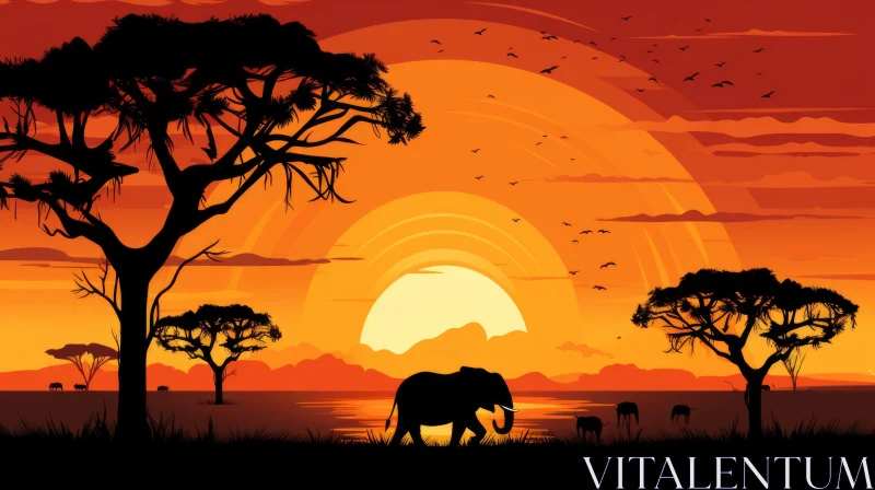 Sunrise and Elephant Silhouette in Savannah - Optical Illusion Landscape Art AI Image