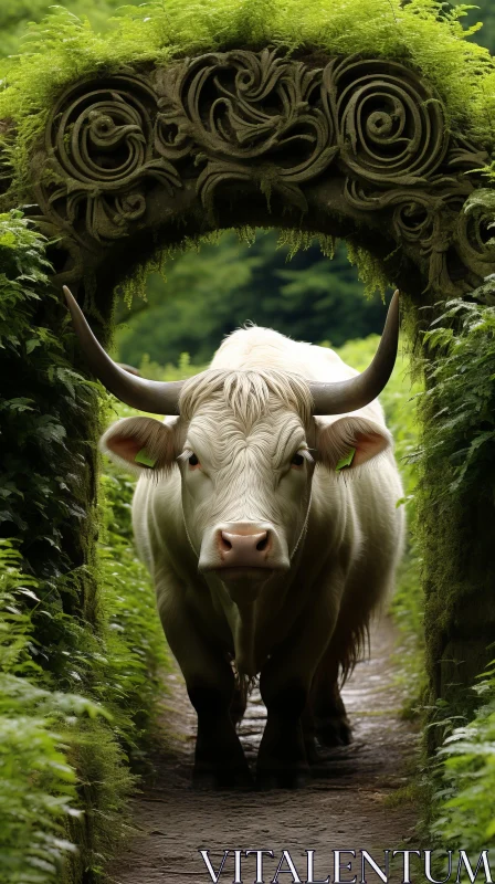 Whimsical Forest Scene: White Cow Emerging from Archway AI Image