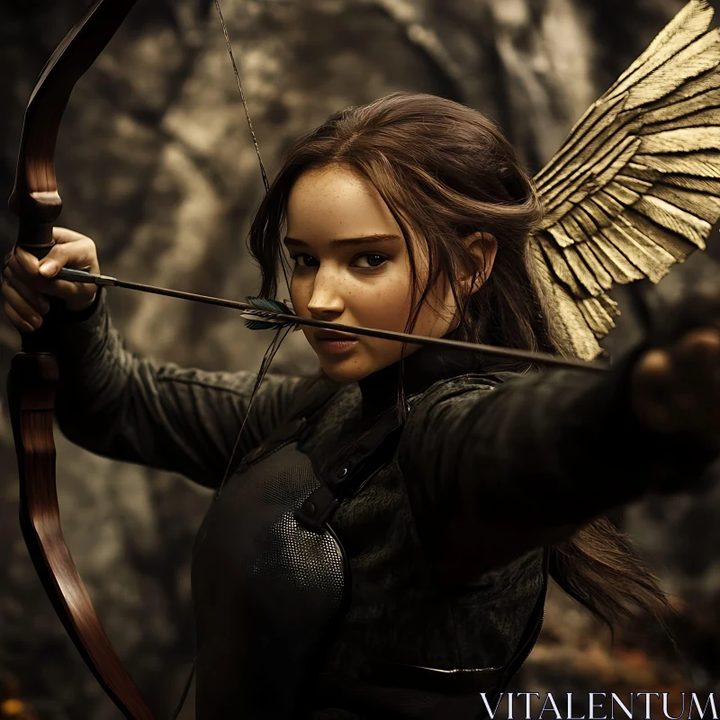 Female Archer with Golden Wings AI Image