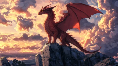 Crimson Dragon on Mountain at Sunset