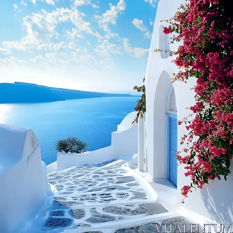 AI ART Greek Island White Building with Flowers