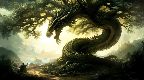 Dragon and Tree in Enchanted Landscape