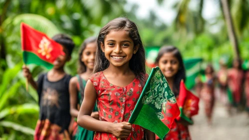 Smiling Children with Flags