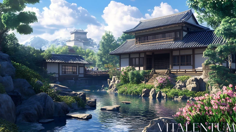 Riverside Japanese Architecture AI Image