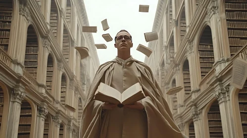 Man Surrounded by Flying Books