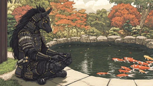 Meditative Horse Samurai with Koi