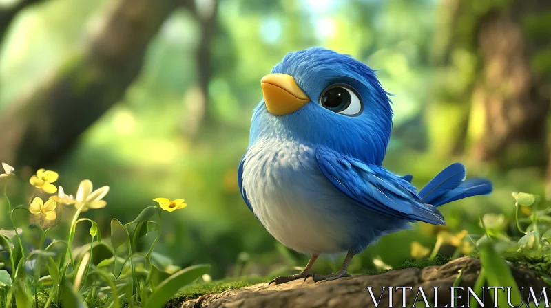 Cartoon Bluebird with Yellow Flowers AI Image