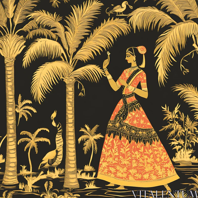 Golden Palms and Traditional Woman Art AI Image