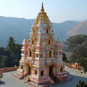 Pink and Gold Temple in Mountainous Landscape