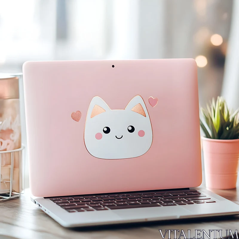 AI ART Adorable Cat Sticker on Pink Laptop