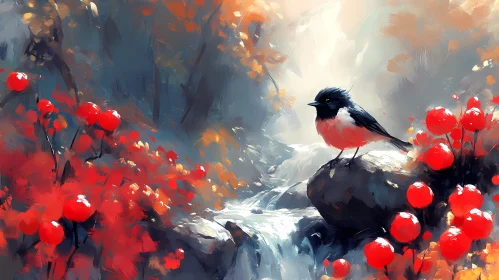 Serene Bird with Berries in Autumn