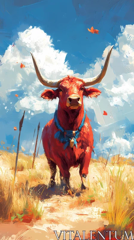 Bull with Blue Ribbon and Butterflies AI Image