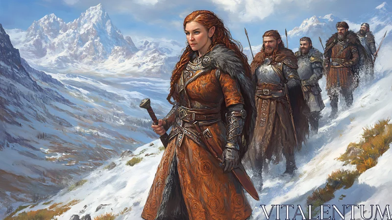 AI ART Strong Woman Leading Warriors in Snow