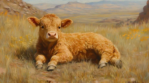 Serene Calf in Field Painting