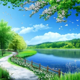 Serene Lake and Path with Blooming Flora