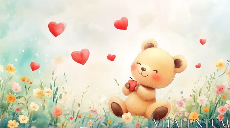 AI ART Whimsical Teddy Bear in Floral Heartscape