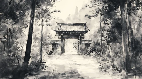 Monochrome Forest Gate Painting