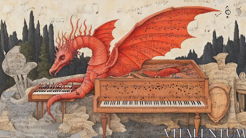 AI ART Crimson Dragon Pianist: An Enchanting Composition