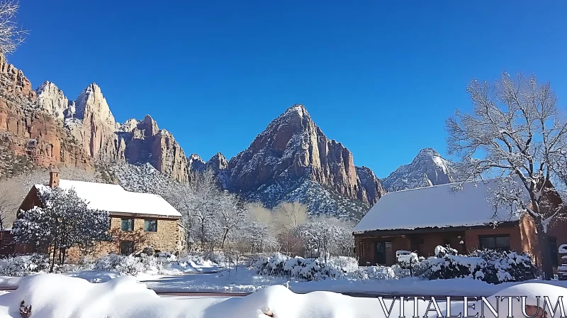 Winter Mountain Scene with Snow-Covered Cabins AI Image