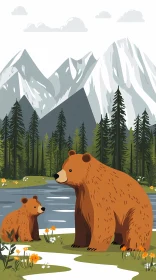 Mountain Bears and Lake Illustration