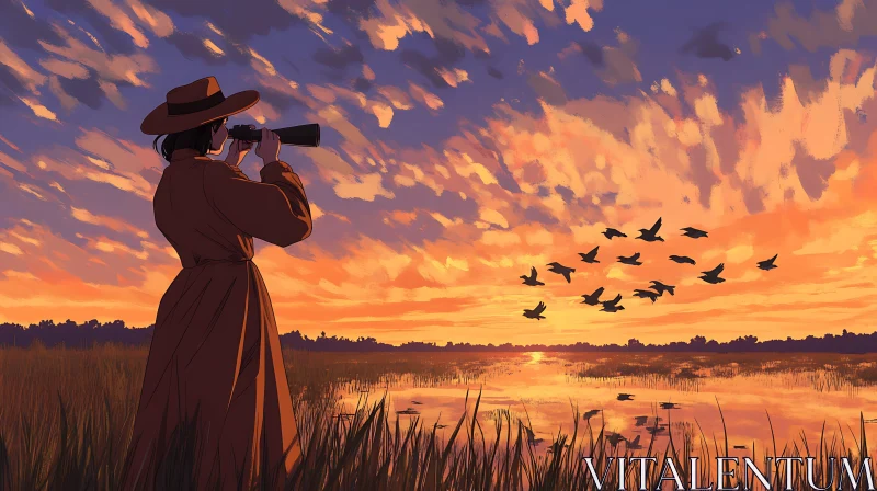 Woman Observes Birds at Sunset AI Image