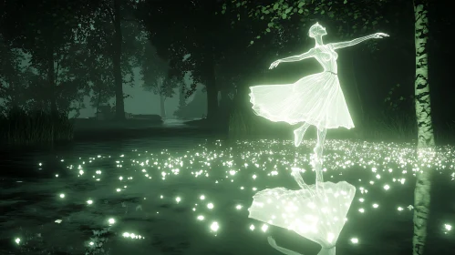 Ballerina's Luminous Dance in Enchanted Forest