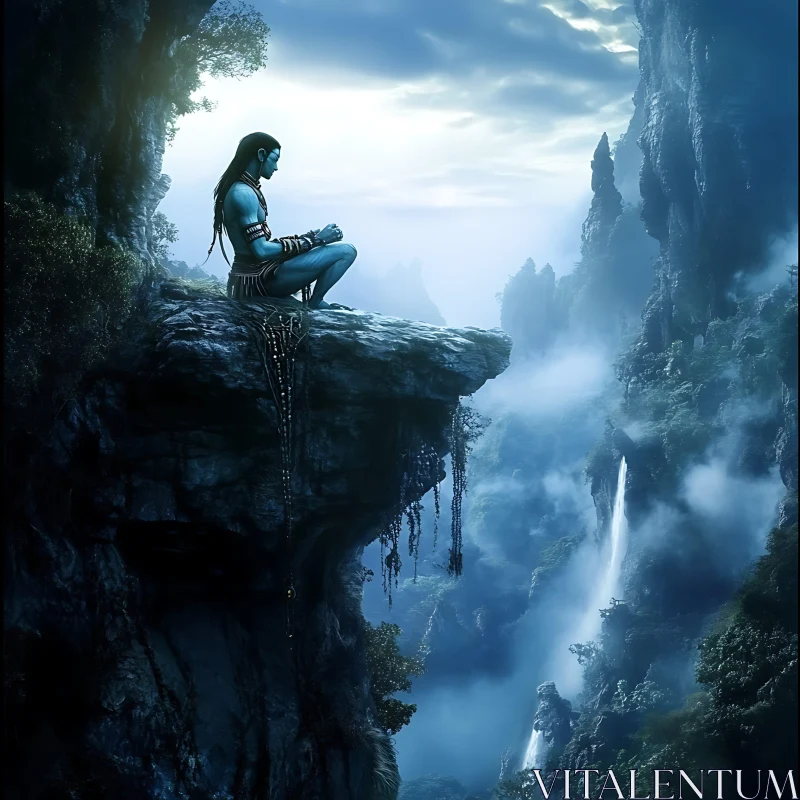 Blue Avatar Contemplation on Mountain Cliff AI Image