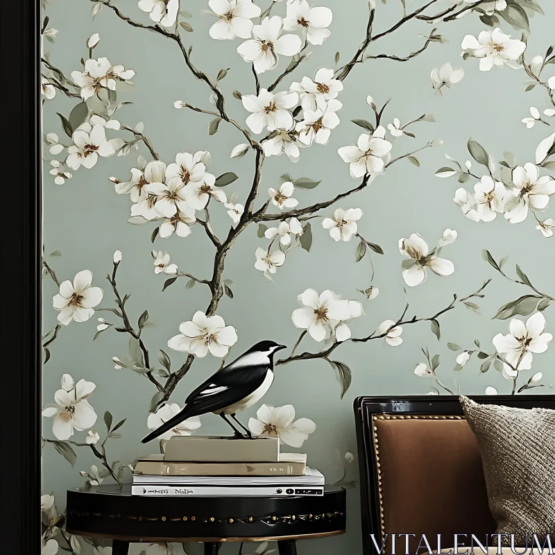 Elegant Floral Wallpaper Interior with Perched Bird AI Image