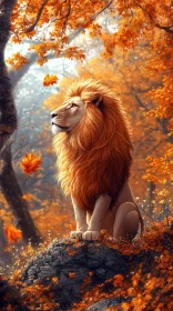 Lion Among Autumn Leaves