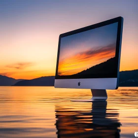 Computer Screen in Water Reflecting Sunset