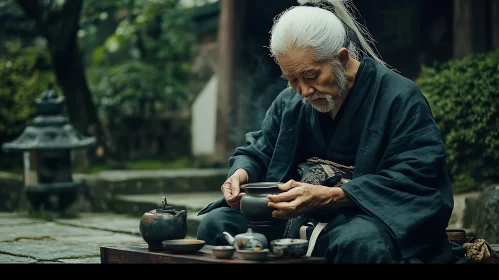 Elder Man Preparing Tea in Tranquil Garden