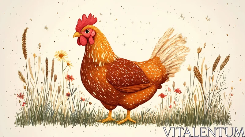 AI ART Graceful Chicken with Wildflowers Art