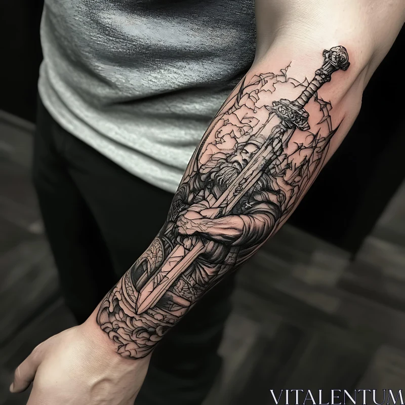 AI ART Arm Tattoo: Man Holding Sword Art