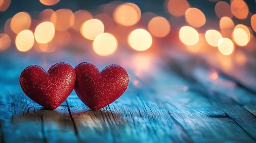 Two Red Hearts Sparkling on Wooden Table