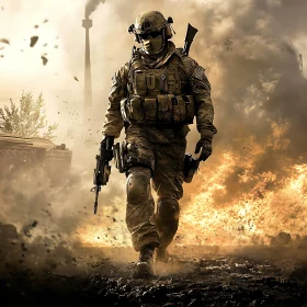 Armed Soldier Walking Through Fire