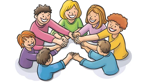 Kids Joining Hands Cartoon: Teamwork Concept