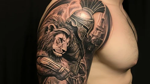 Shoulder Tattoo: Lion and Warrior