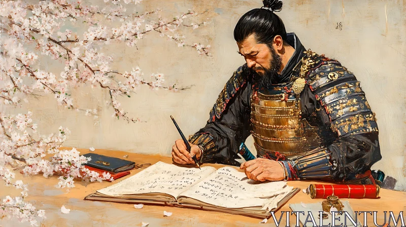 Armored Samurai Composing Text Under Blossoms AI Image