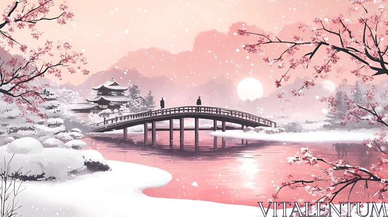 AI ART Snowy Bridge Landscape with Pink Flowers