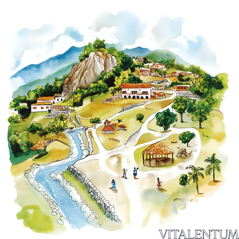 Mountain Village Watercolor Illustration AI Image