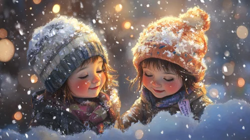 Children's Winter Portrait with Snowfall