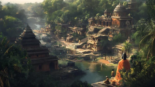 Serene Ancient Cityscape with Temple and Buddha