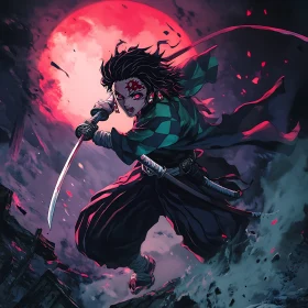 Anime Character with Sword and Red Moon