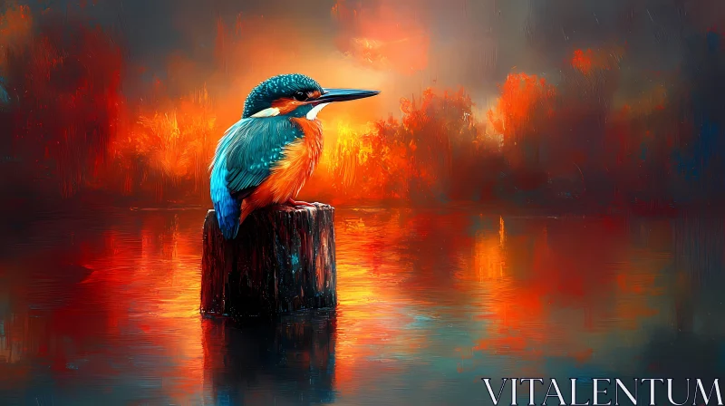 AI ART Vivid Kingfisher in Fiery Sunset