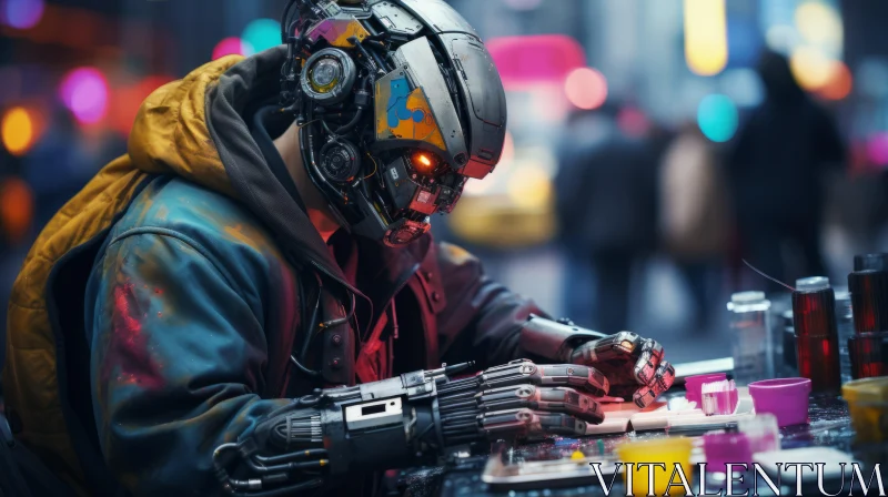 Aetherpunk Sci-Fi Scene - Cyberpunk Character at Work AI Image