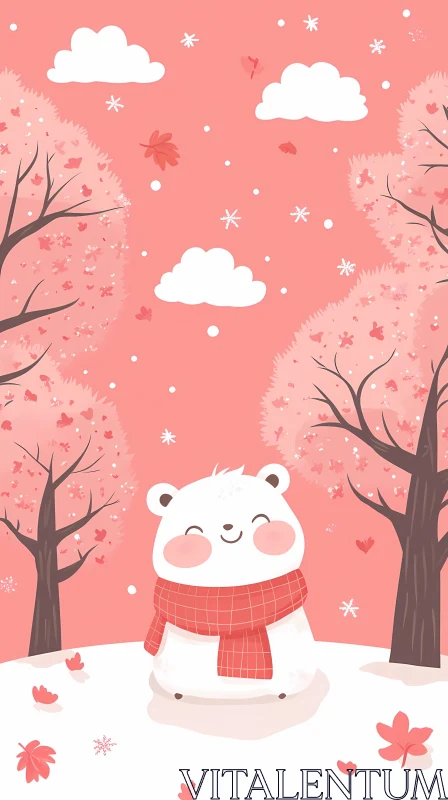 Cute Bear in Pink Scarf Landscape AI Image