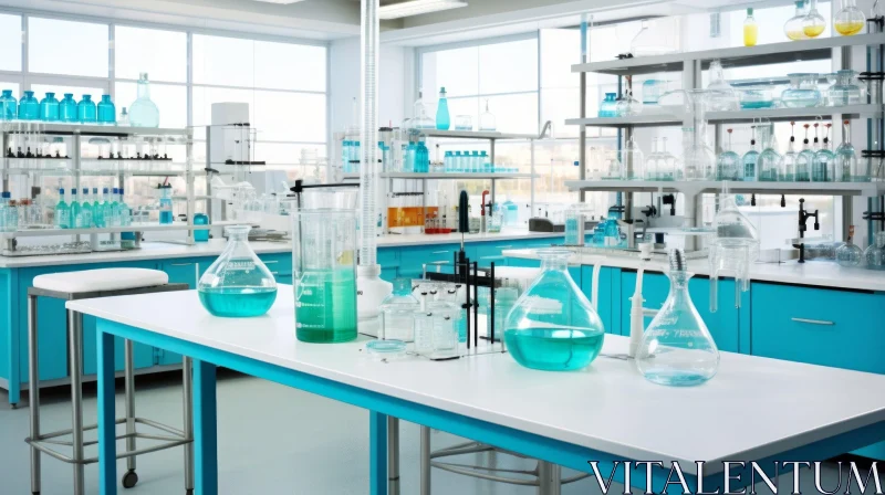 Blue Chemistry Lab with Glass Flasks - Vibrant and Airy Scene AI Image