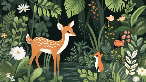 Lush Forest Illustration with Deer and Wildlife