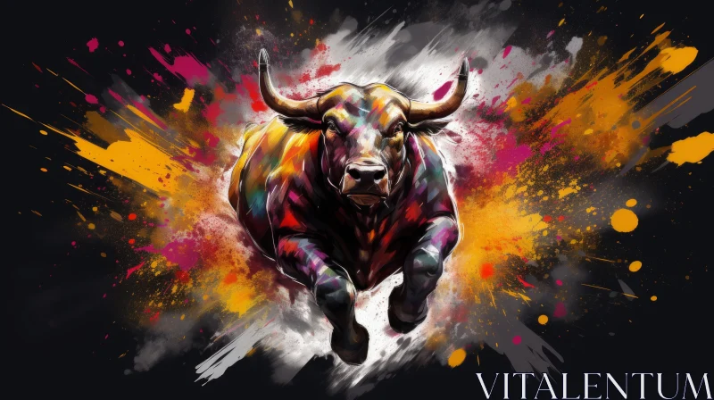 Captivating Bull in Colorful Paint Explosion - Digital Artwork AI Image